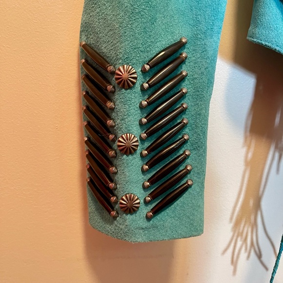 Vintage Suede Fringe Western Style Jacket, Turquoise with Beading Boho - Picture 6 of 11